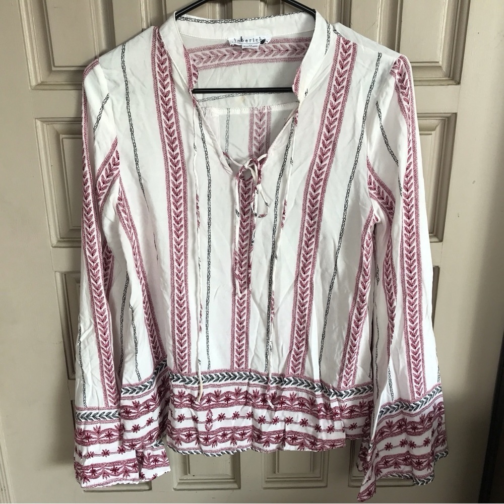 Loverich Boho Blouse White/Pink/Red Pretty SzM Long Sleeves Cropped